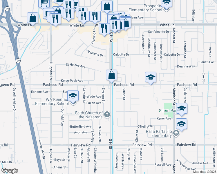 map of restaurants, bars, coffee shops, grocery stores, and more near 4904 Elysium Street in Bakersfield