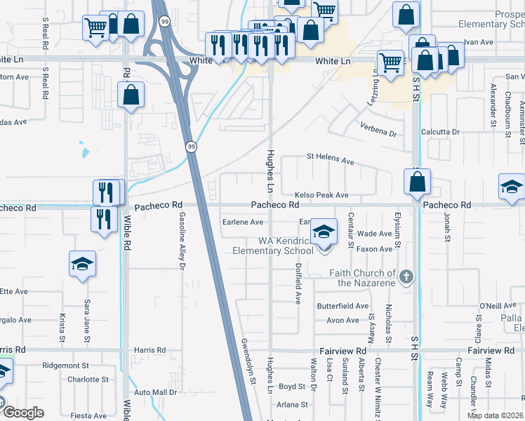 map of restaurants, bars, coffee shops, grocery stores, and more near 2513 Pacheco Road in Bakersfield