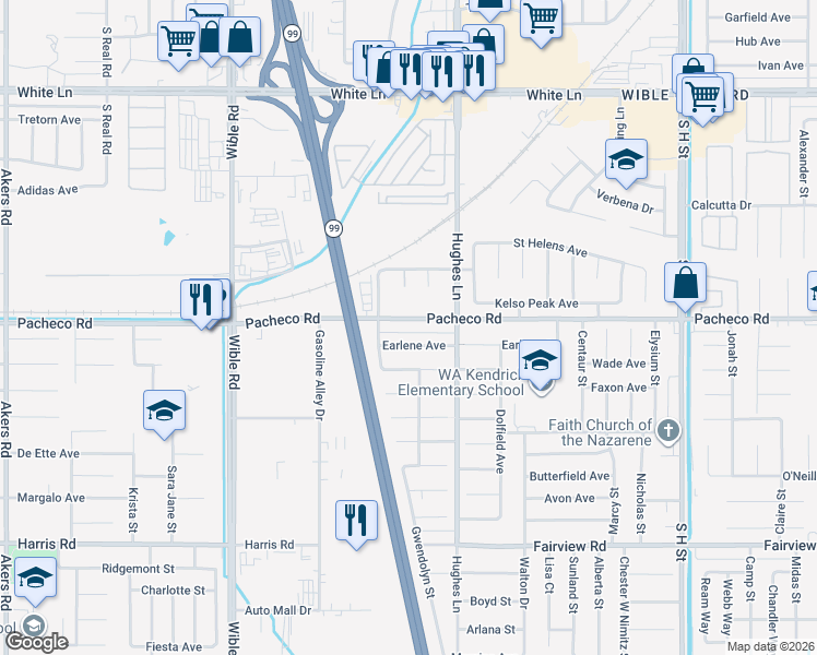map of restaurants, bars, coffee shops, grocery stores, and more near 2613 Pacheco Road in Bakersfield