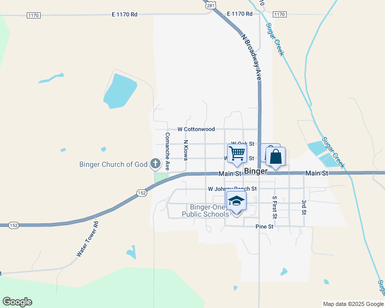map of restaurants, bars, coffee shops, grocery stores, and more near 406 West Locust Street in Binger