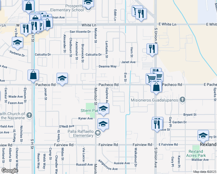 map of restaurants, bars, coffee shops, grocery stores, and more near 705 Pacheco Road in Bakersfield