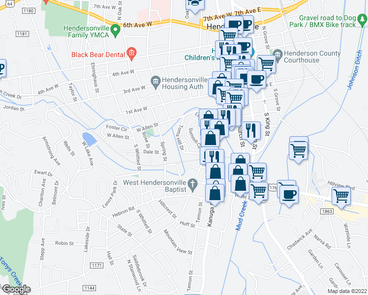 map of restaurants, bars, coffee shops, grocery stores, and more near 457 Toms Hill Drive in Hendersonville