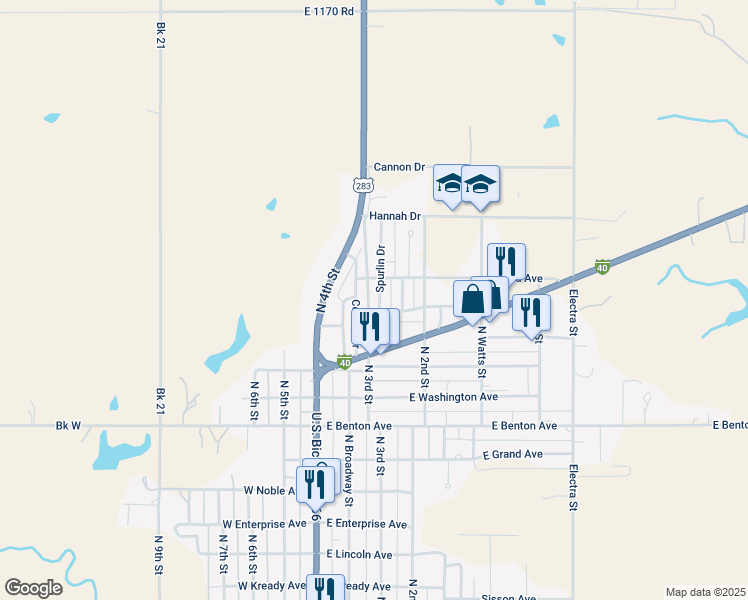 map of restaurants, bars, coffee shops, grocery stores, and more near 305 Spurlin Drive in Sayre