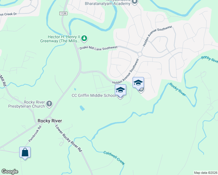 map of restaurants, bars, coffee shops, grocery stores, and more near Griffins Gate Road Southwest in Concord