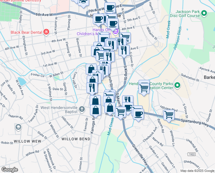map of restaurants, bars, coffee shops, grocery stores, and more near 475 South Church Street in Hendersonville