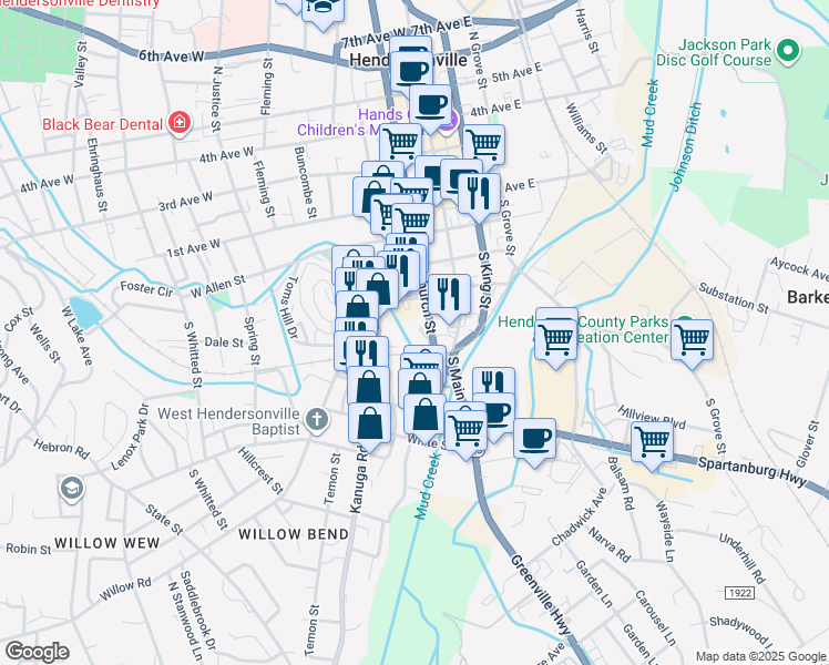 map of restaurants, bars, coffee shops, grocery stores, and more near 475 South Church Street in Hendersonville
