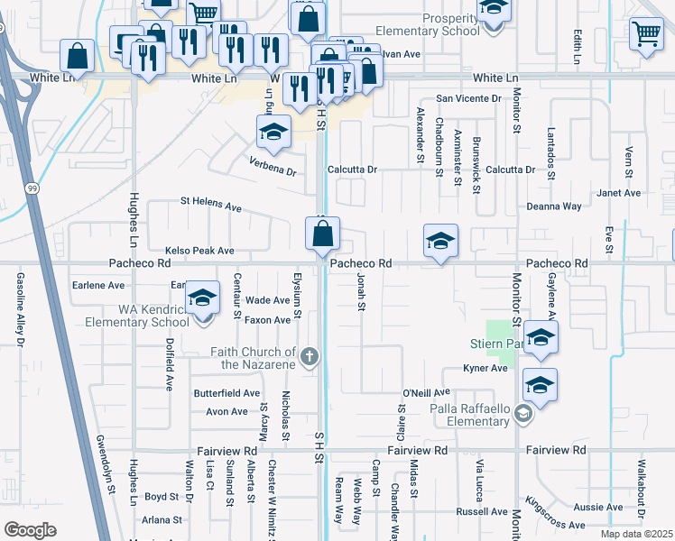 map of restaurants, bars, coffee shops, grocery stores, and more near 1609 Pacheco Road in Bakersfield