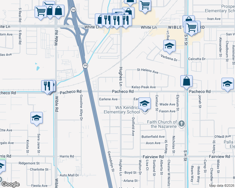 map of restaurants, bars, coffee shops, grocery stores, and more near 2513 Pacheco Road in Bakersfield