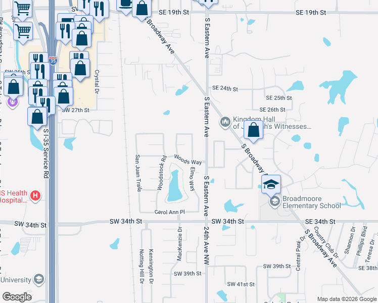 map of restaurants, bars, coffee shops, grocery stores, and more near 3010 Alethea Drive in Moore