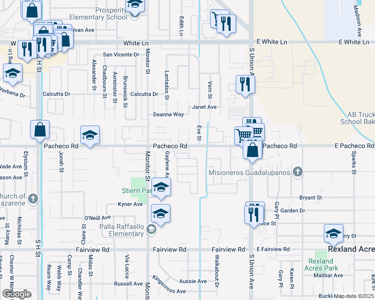 map of restaurants, bars, coffee shops, grocery stores, and more near 651 Pacheco Road in Bakersfield