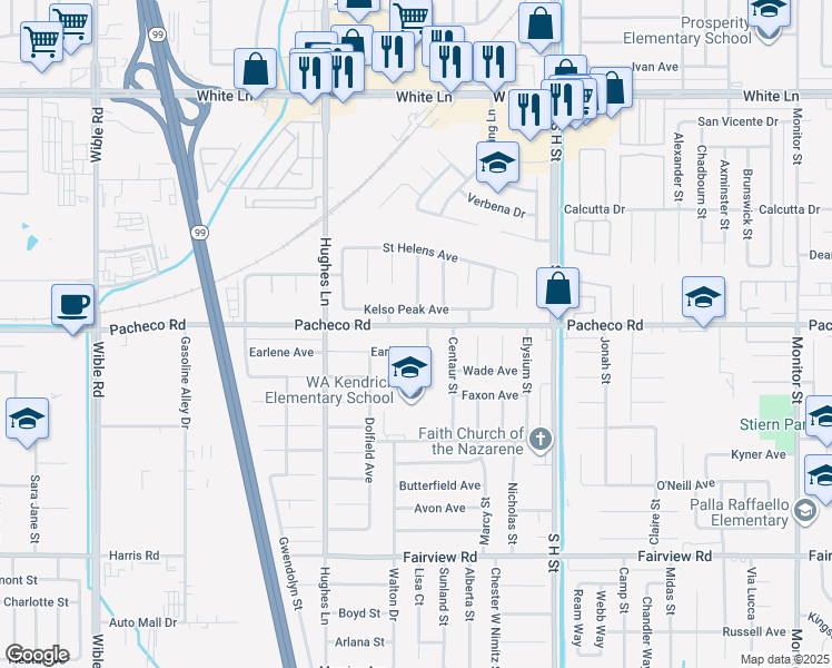 map of restaurants, bars, coffee shops, grocery stores, and more near 2105 Pacheco Road in Bakersfield