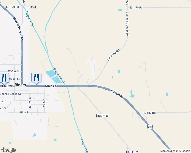 map of restaurants, bars, coffee shops, grocery stores, and more near 101 Sugar Creek Drive in Binger