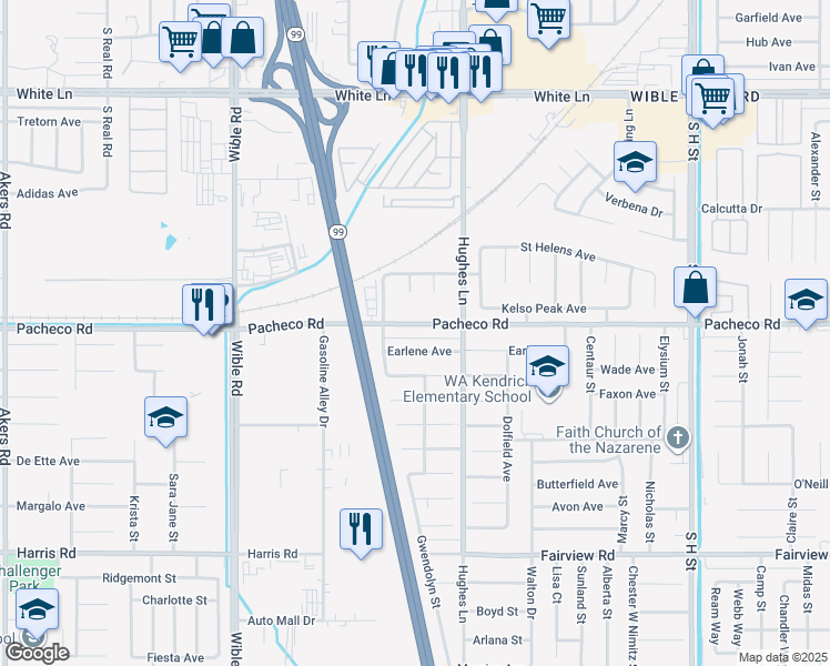 map of restaurants, bars, coffee shops, grocery stores, and more near 2605 Pacheco Road in Bakersfield