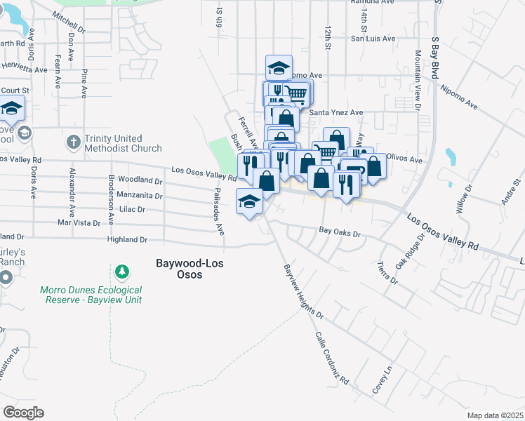 map of restaurants, bars, coffee shops, grocery stores, and more near 2255 Bayview Heights Drive in Baywood-Los Osos