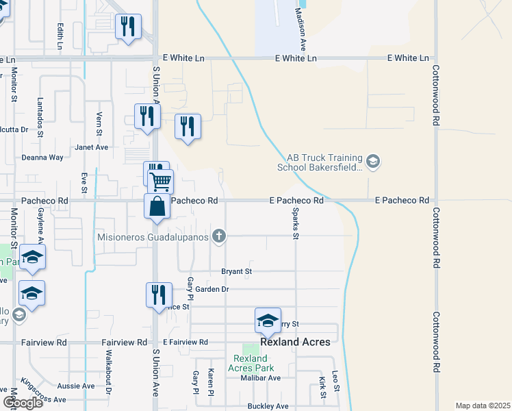map of restaurants, bars, coffee shops, grocery stores, and more near 185 East Pacheco Road in Bakersfield