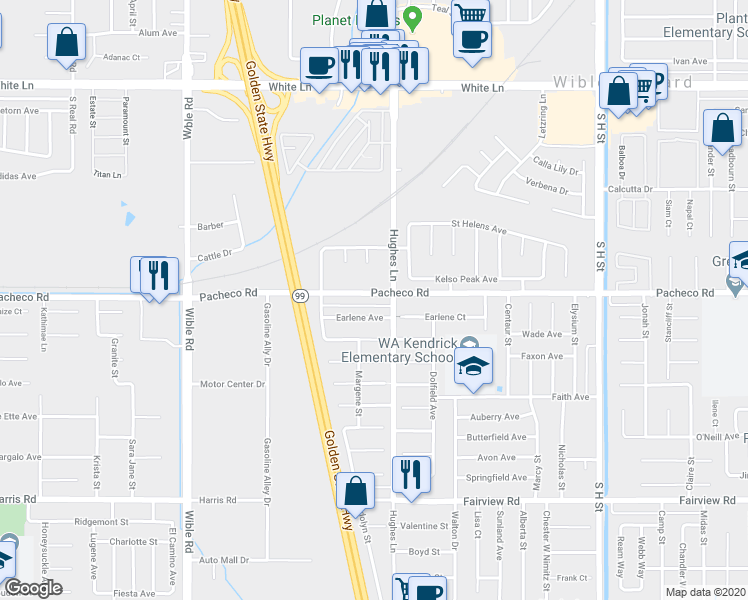 map of restaurants, bars, coffee shops, grocery stores, and more near 2513 Pacheco Road in Bakersfield
