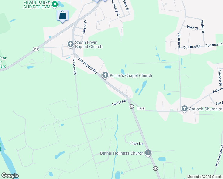 map of restaurants, bars, coffee shops, grocery stores, and more near 680 Iris Bryant Road in Dunn