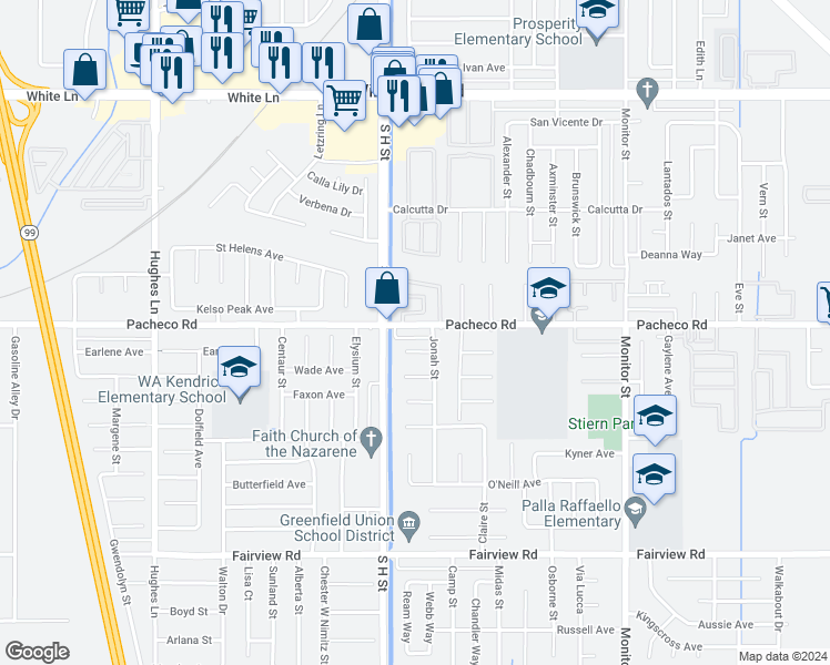 map of restaurants, bars, coffee shops, grocery stores, and more near 1601 Pacheco Road in Bakersfield