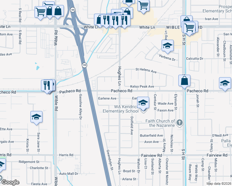 map of restaurants, bars, coffee shops, grocery stores, and more near 2513 Pacheco Road in Bakersfield