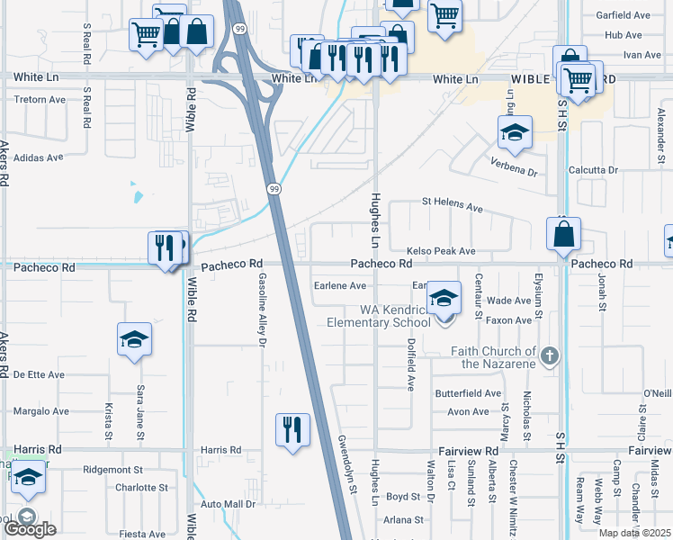 map of restaurants, bars, coffee shops, grocery stores, and more near 2605 Pacheco Road in Bakersfield