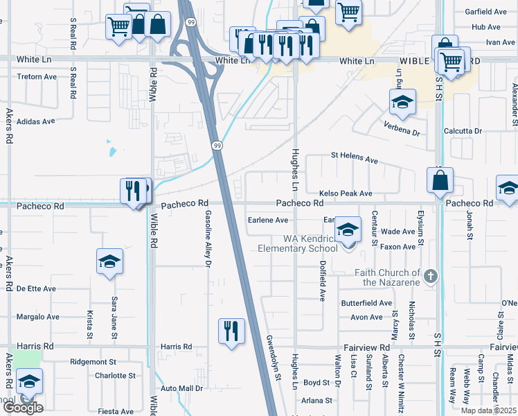 map of restaurants, bars, coffee shops, grocery stores, and more near 2613 Pacheco Road in Bakersfield