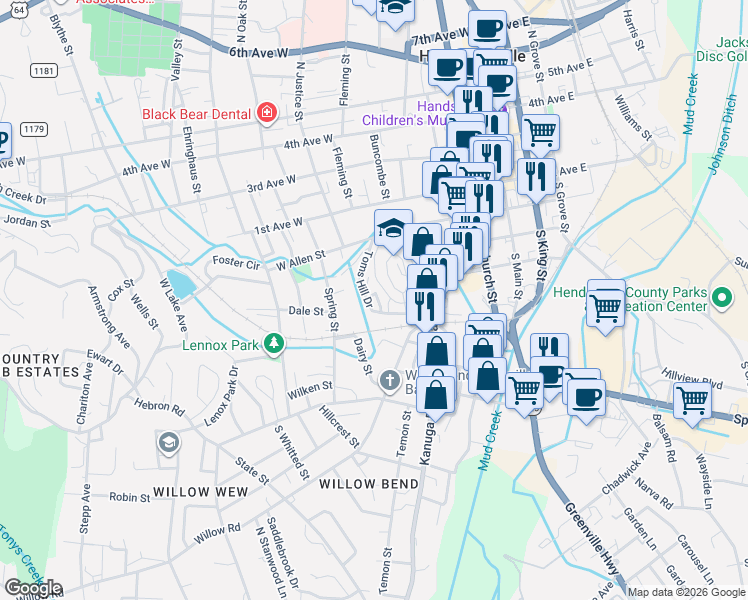 map of restaurants, bars, coffee shops, grocery stores, and more near 457 Toms Hill Drive in Hendersonville