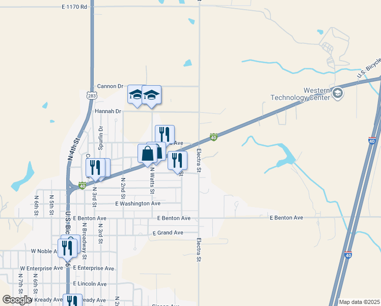 map of restaurants, bars, coffee shops, grocery stores, and more near 716 North East Highway 66 in Sayre
