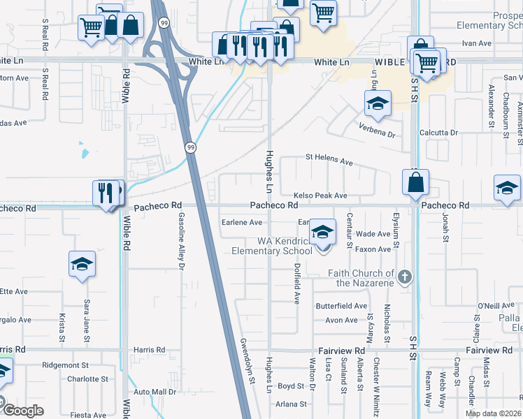 map of restaurants, bars, coffee shops, grocery stores, and more near 2513 Pacheco Road in Bakersfield