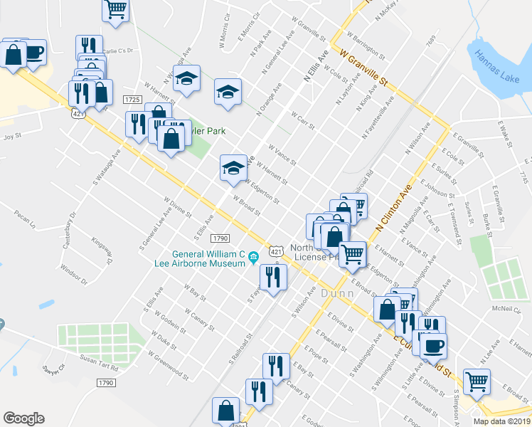 map of restaurants, bars, coffee shops, grocery stores, and more near 309 West Broad Street in Dunn