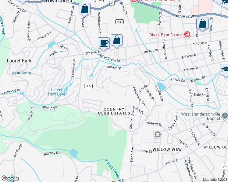 map of restaurants, bars, coffee shops, grocery stores, and more near 308 Seneca Boulevard in Hendersonville