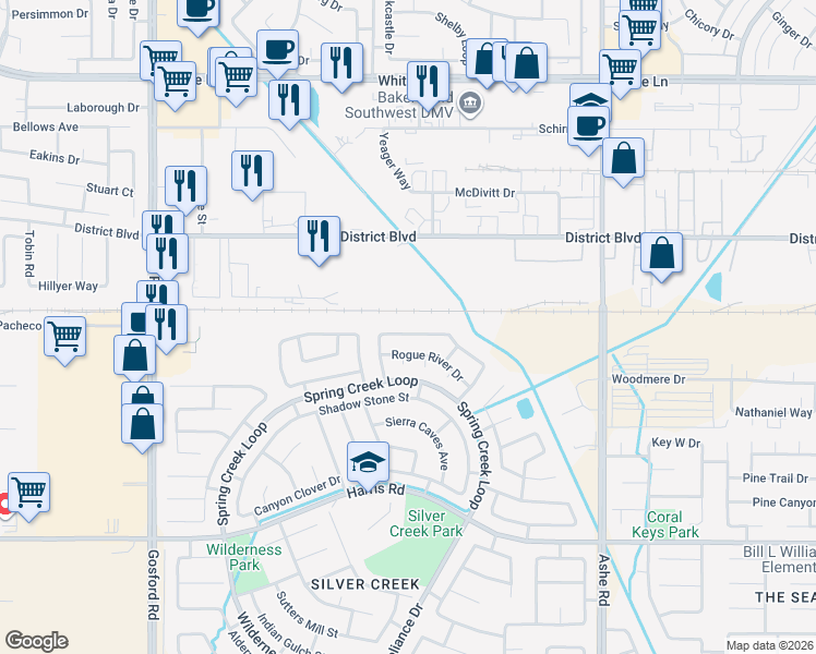 map of restaurants, bars, coffee shops, grocery stores, and more near 7200 Silver Spray Avenue in Bakersfield