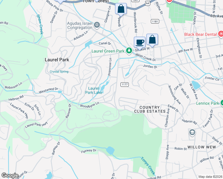 map of restaurants, bars, coffee shops, grocery stores, and more near 15 Lake Drive in Hendersonville