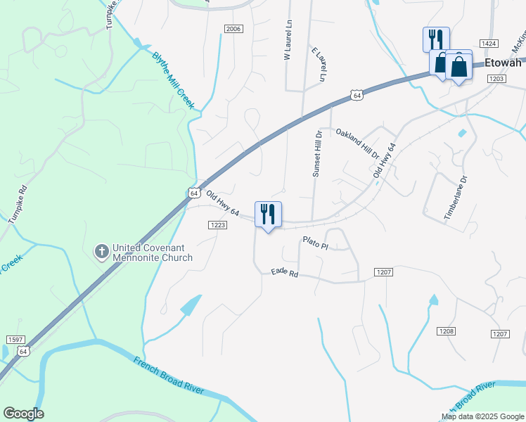 map of restaurants, bars, coffee shops, grocery stores, and more near 1098 Old Orr Road in Etowah