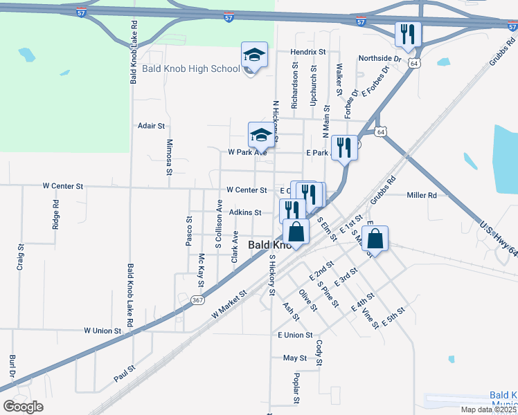 map of restaurants, bars, coffee shops, grocery stores, and more near 108 Adkins Street in Bald Knob