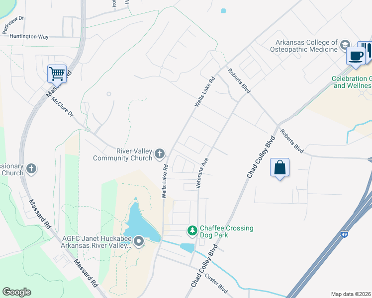 map of restaurants, bars, coffee shops, grocery stores, and more near 7601 Veterans Avenue in Fort Smith
