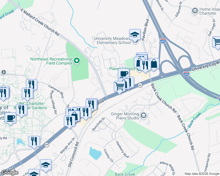 map of restaurants, bars, coffee shops, grocery stores, and more near 1725 Marlynn Drive in Charlotte