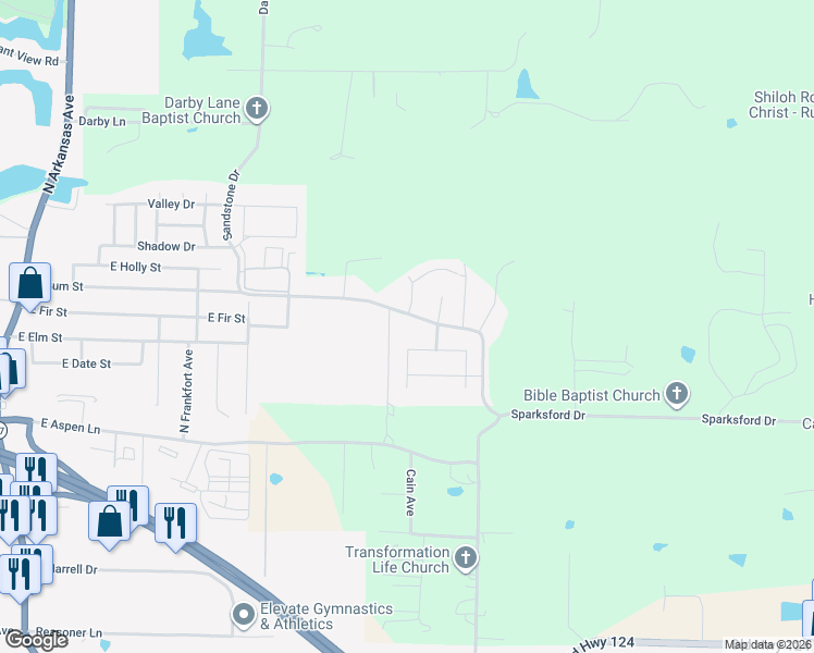 map of restaurants, bars, coffee shops, grocery stores, and more near 1000-1098 E Gum St in Russellville