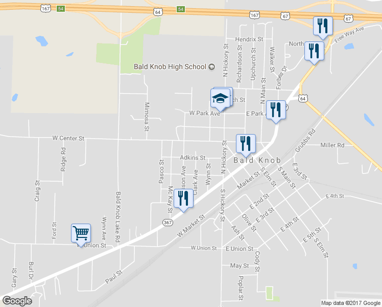 map of restaurants, bars, coffee shops, grocery stores, and more near 304 Adkins Street in Bald Knob