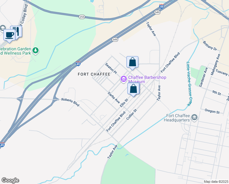 map of restaurants, bars, coffee shops, grocery stores, and more near Darby Avenue in Fort Smith