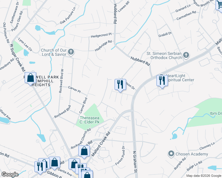 map of restaurants, bars, coffee shops, grocery stores, and more near 6855 Trimbach Way in Charlotte