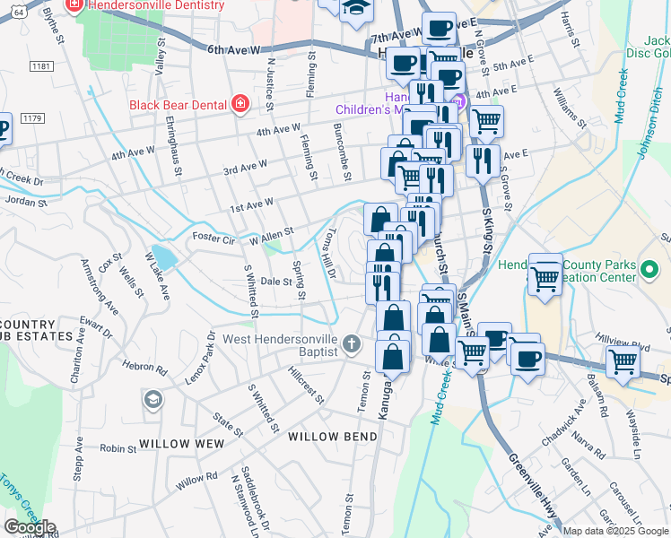 map of restaurants, bars, coffee shops, grocery stores, and more near 41 South Cottage Court in Hendersonville