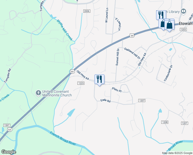 map of restaurants, bars, coffee shops, grocery stores, and more near 1098 Old Orr Road in Etowah