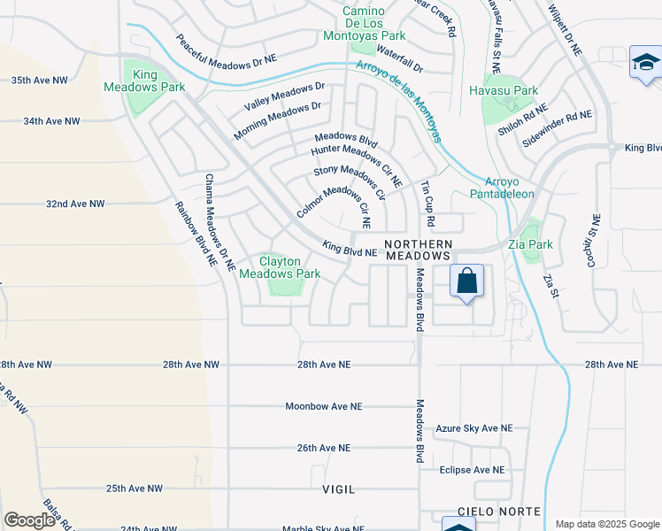 map of restaurants, bars, coffee shops, grocery stores, and more near 708 Santa Fe Meadows Drive Northeast in Rio Rancho