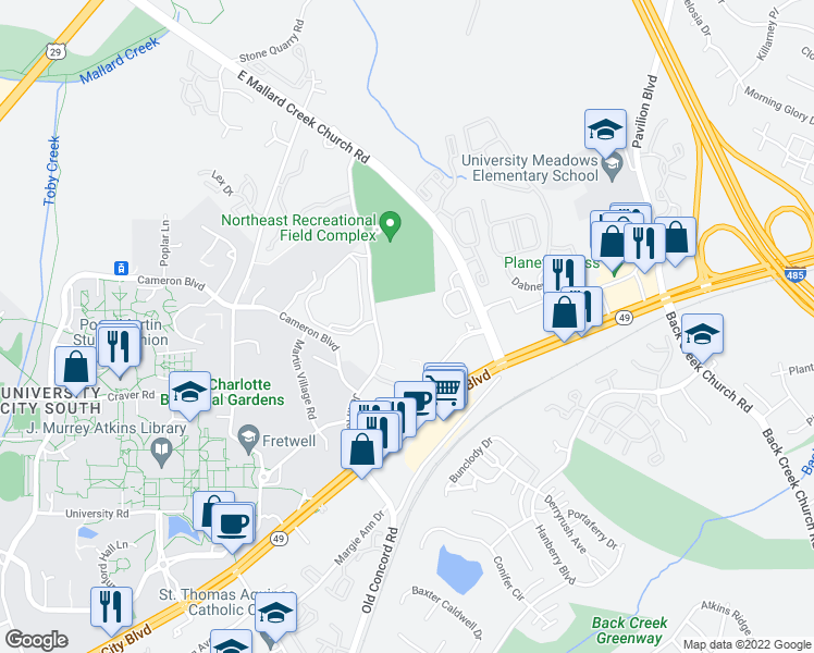 map of restaurants, bars, coffee shops, grocery stores, and more near Graduate Lane in Charlotte