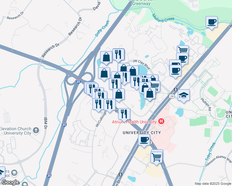 map of restaurants, bars, coffee shops, grocery stores, and more near 8661 JW Clay Boulevard in Charlotte