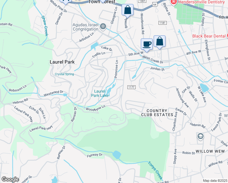 map of restaurants, bars, coffee shops, grocery stores, and more near 30 Lake Drive in Laurel Park