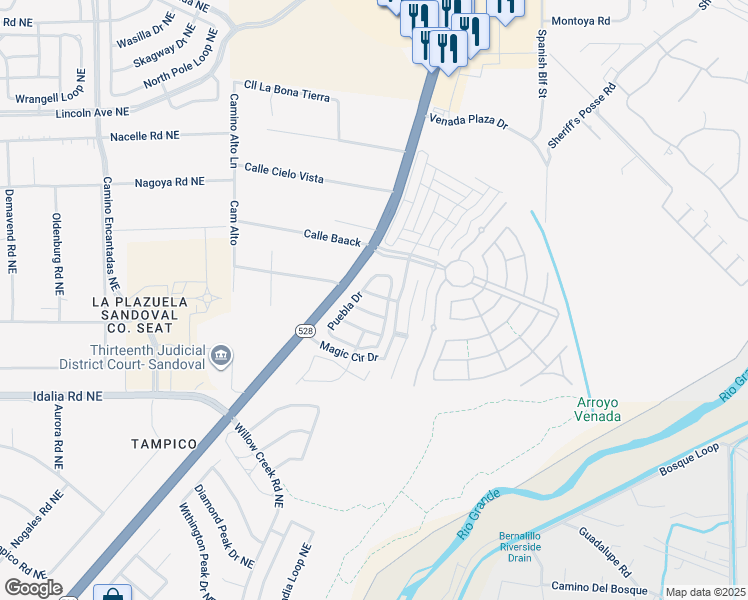 map of restaurants, bars, coffee shops, grocery stores, and more near 1215 San Luis Street in Bernalillo