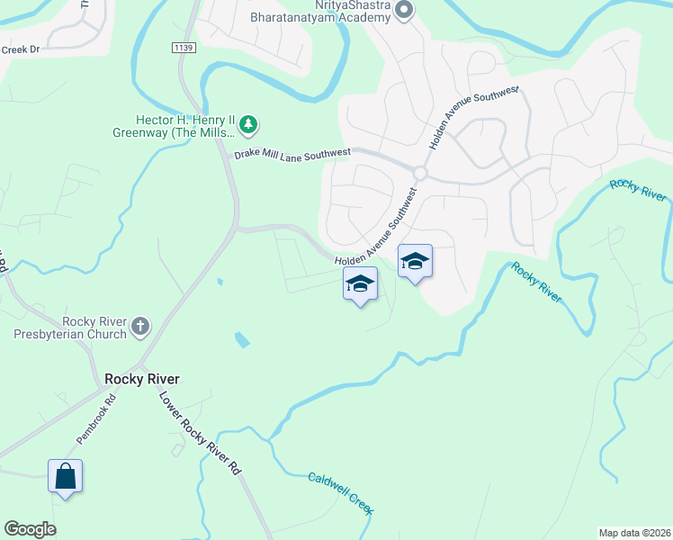 map of restaurants, bars, coffee shops, grocery stores, and more near Griffins Gate Road Southwest in Concord
