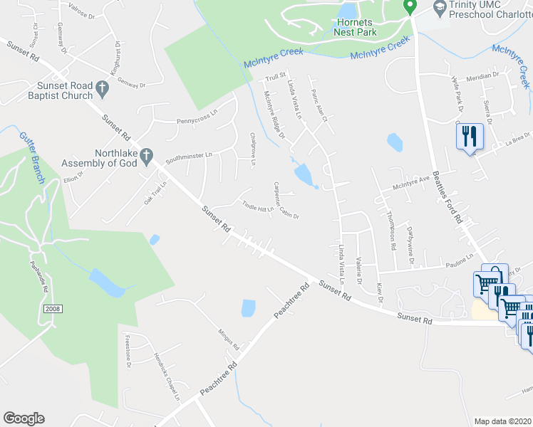 map of restaurants, bars, coffee shops, grocery stores, and more near 3012 Tindle Hill Lane in Charlotte