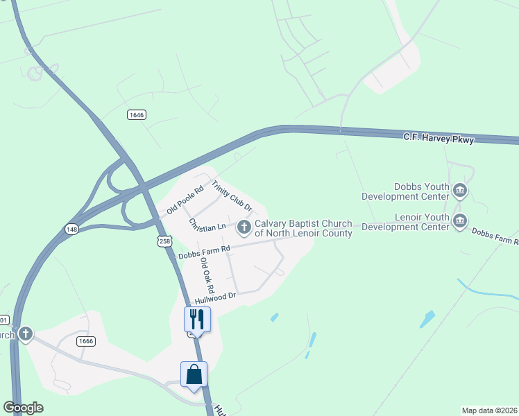 map of restaurants, bars, coffee shops, grocery stores, and more near 2201 Trinity Club Drive in Kinston